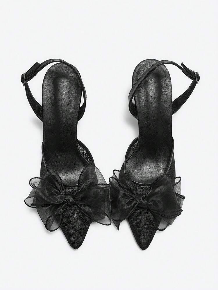 2025秋冬季黑色蝴蝶结装饰婚鞋，高端新娘鞋，舒适蕾丝蝴蝶结点缀，伴娘礼服鞋，尖头细跟，情人节，优雅，女士高跟鞋，优雅，派对装扮 - 黑色 - 查看 3
