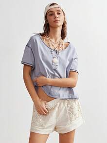 Bohemela 波西米亚风春夏休闲蓝色针织V领短袖宽松水洗女式T恤，适合情人节、度假、西部乡村音乐节、假日、海滩度假、返校季等场合。 - 灰色 - 查看 8