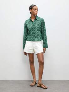 Maija 女士镂空刺绣落肩长袖单排扣休闲衬衫 - 綠色 - 查看 4