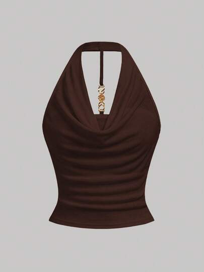 SHEIN Girlism 少女垂褶领露背金属装饰扣上衣，适合邮轮、万圣节、晚宴、生日、返校节、运动、返校、度假、大学风、复活节、音乐节、毕业典礼、家庭聚会等场合。