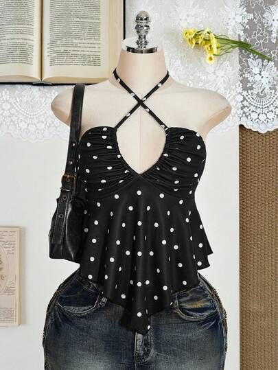 SHEIN ICON Top corto amarillo de jacquard con escote halter y espalda descubierta, adecuado para verano, vacaciones, Y2K, tallas grandes