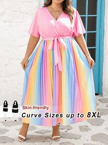 SHEIN CURVE+ Curve 尺码 US22 音乐节、海滨度假、波西米亚风女士彩虹褶皱V领灯笼袖系带背心毕业礼服婚礼宾客礼服女士学位模拟礼服女士沙滩裙女士假日太阳裙生日礼服女士骄傲节女士礼服优雅礼服女士休闲礼服女士生日礼服女士夏季礼服女士夏季礼服 - 彩色 - 查看 4