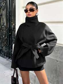 SHEIN EZwear 女士保暖外套：黑色双扣设计，高腰束腰，宽长袖 | 休闲落肩款式 女士黑色休闲外套，适合秋冬季节 - 高领，束腰，落肩设计，宽长袖，保暖舒适 - 黑色 - 查看 6