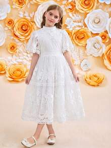 SHEIN 少女款网纱刺绣蕾丝花边荷叶袖束腰优雅连衣裙，公主裙，适合婚礼、派对、毕业典礼、节日、春假、情人节、花童等场合。 - 白色 - 查看 5
