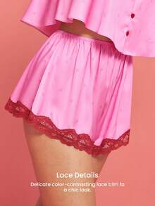 LUVLETTE Women Sexy Silky Satin Luxurious Lace Trim Pink V-Neck Camisole Top & Shorts Airy Loungewear Pajama Set Lingerie Valentine's Day Gifts Pyjama - Pink - View 4