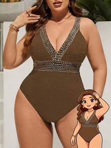 Swim Lushoire Traje de baño de una pieza con escote en V profundo para mujer de talla grande, adecuado para vacaciones en la playa, fiestas en la piscina y fiestas en la playa - Marrón - Ver 1