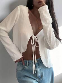 DAZY 女士V领长袖纹理面料开襟系带优雅衬衫 - 白色 - 查看 1