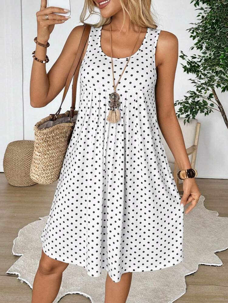 EMERY ROSE Vestido mini casual, de uso diario y para vacaciones, con cuello redondo, plisado y estampado de lunares para mujer - Blanco - Añade 6