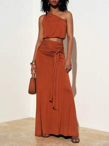 Zivah 新款夏季休闲度假波西米亚风套装，宽松红棕色针织单肩背心搭配系带百褶A字裙，两件套设计。适合日常穿着、旅行、度假、海滩、休闲风、西部风情、派对、节日、音乐节、机场穿搭、早午餐等场合。 - 鏽棕色 - 查看 6