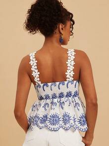 Travachic Women's Hollow Out Embroidery Tie Front Camisole Top For Vacation - Blue and White - View 2