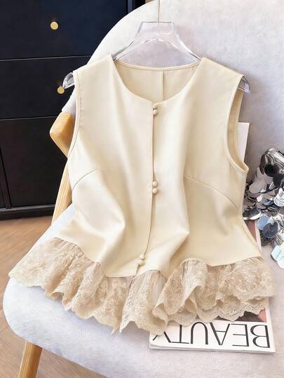 Franclia Women's Solid Color Spring/Summer Casual Embroidered Lace Patchwork Sleeveless Blouse