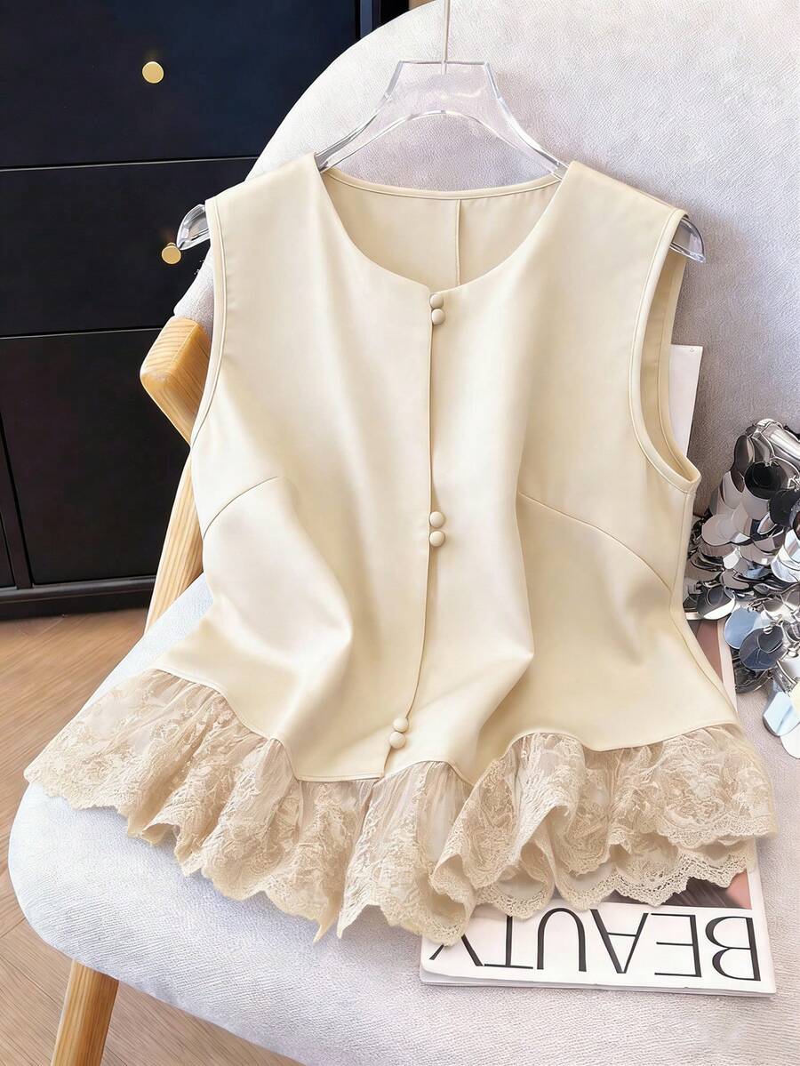 Franclia Women's Solid Color Spring/Summer Casual Embroidered Lace Patchwork Sleeveless Blouse - Apricot - View 1
