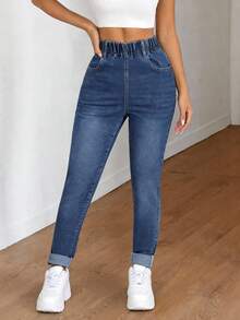 SHEIN Tall Women's Summer Casual High Waist Elastic Waist Denim Jeans Blue Stretch Slim Fit Tapered Pants With Pockets & Cuffed Hem Perfect For Daily & Streetwear Outfits Women's Casual Elastic Waist Pockets Versatile Daily Wear Jeans - Dark Wash - View 3