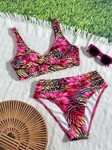 Swim Basics 新款豹纹印花侧高衩两件套比基尼，女士沙滩度假泳装 - 彩色 - 查看 2