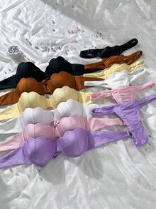 Swim Mod 两件套花瓣拼接硬杯可拆卸肩带纯色性感比基尼套装，黑色配黑色罩杯 - 黑色 - 查看 4