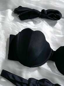 Swim Mod 两件套花瓣拼接硬杯可拆卸肩带纯色性感比基尼套装，黑色配黑色罩杯 - 黑色 - 查看 9