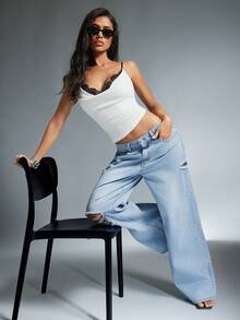 Denimoi Wide Leg Distressed Denim Jeans Wide Leg Jeans Boyfriend Jeans Fashionable Streetwear Y2K - Light Wash - View 5