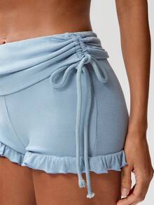 Denimoi Pantalones cortos de mujer de unicolor con diseño anudado, dobladillo con volantes, versátiles para uso diario - Celeste - Ver 2