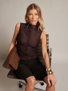 Hauture Women's Hook And Eye Front Ruched Tank Office Wear - Brown - View 5