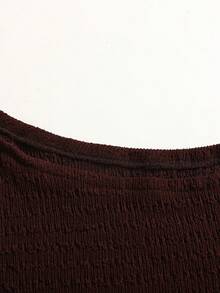 SHEIN 少女休闲简约舒适不对称肩部收腰T恤套装 - 卡其色 - 查看 2