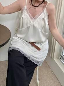 Dazy Plus Satin Contrast Lace V-Neck Long Casual White Camisole And Tank Top - White - View 4