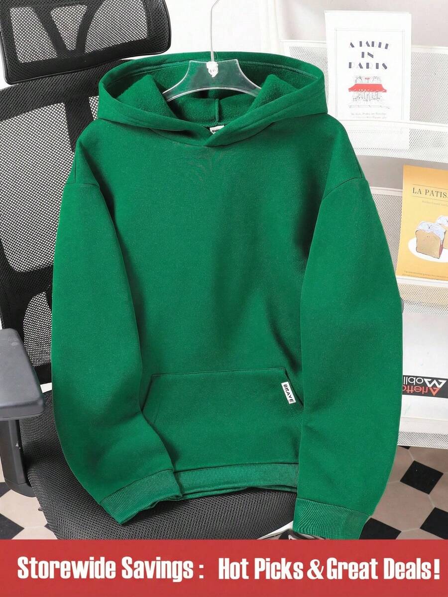 Áo sweatshirt mỏng nhẹ, màu trơn, phong cách thường ngày cho thiếu niên nam, thích hợp cho mùa thu/đông. - Màu xanh lá cây đậm - Xem 1