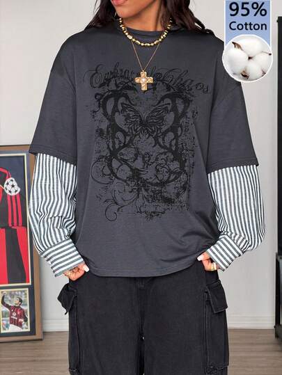 Muchica Women's New 2 In 1 Round Neck Loose Long Sleeve T-Shirt,Fall,Fall Clothes For Women Winter/Fall Streetwear Y2K Casual Hippie Preppy Grunge Punk Goth Cotton Graphics Oversized Long Sleeve T-Shirt