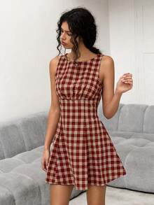 Sweetina 女士假日度假复活节酒红色外出格子圆领收腰无袖迷你连衣裙，夏季 - 紅色 - 查看 3