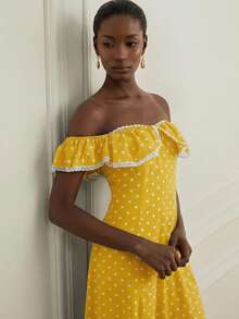 BELROSIE French Retro Black & White Polka Dot Ruffle Contrast Lace Hem Flared Skirt, Adjustable Straps Versatile Romantic Elegant Dress For Women - Yellow - View 6