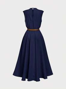 SHEIN Girlism Elegant Commuter Navy Blue Solid Sleeveless Dress (With Belt), Back To School Season - Navy Blue - View 6