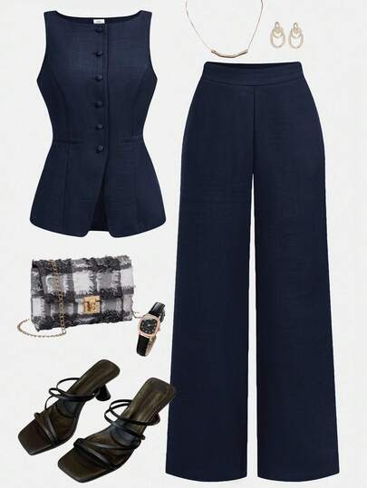 Girlism Teen Girls Shirt Co-Ords, New Autumn/Winter Commuting Style Faux Pocket Decor Boat Neck Navy Blue Blazer Jacket And Blazer Pants 2 Pieces Set