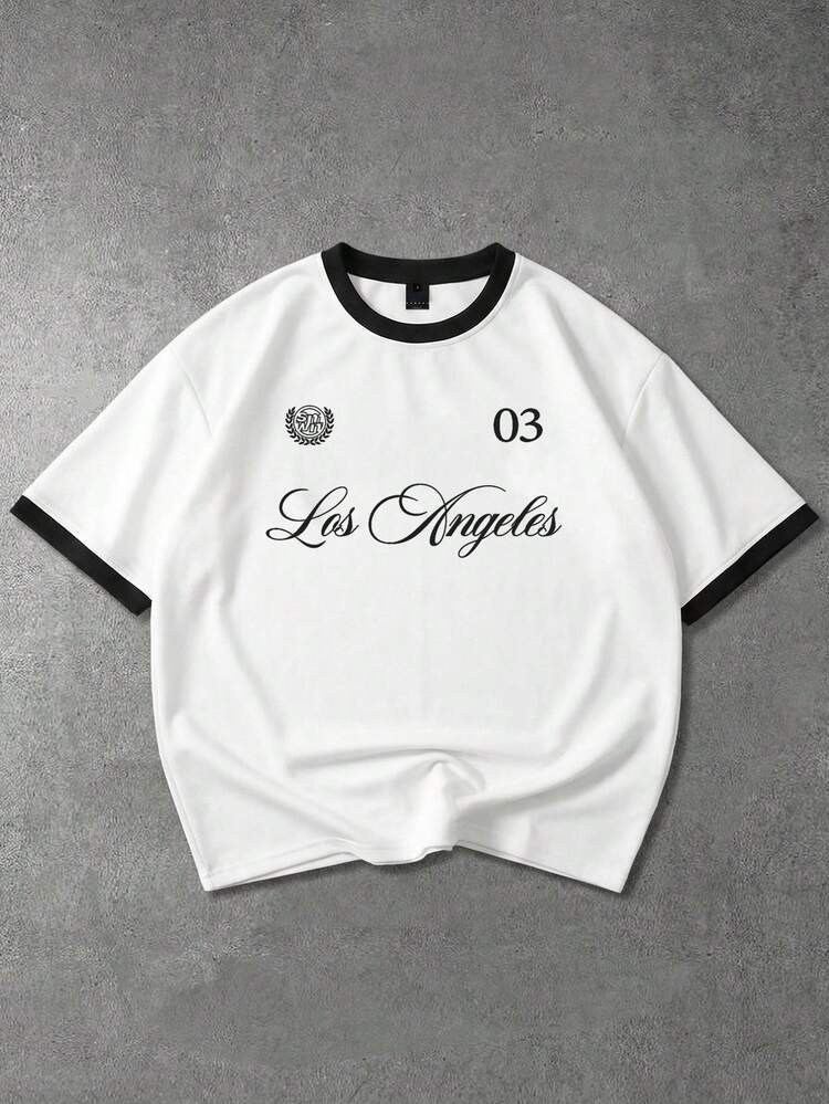 Los Angeles Script Print Ringer Tee With Black Trim