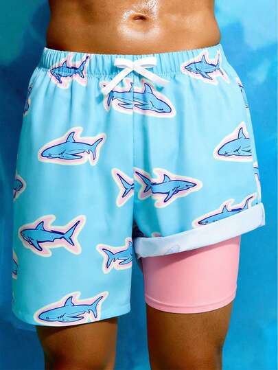 SHEIN 1pc Kids Tween Boy Casual Versatile Comfortable Shark Print Pattern Loose Patchwork Lining Loose Swim Trunks Beach Shorts