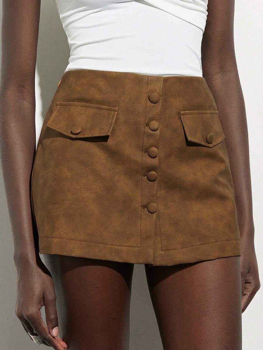 Aveloria Modichic Women's Retro Fashion Casual Single-Breasted Midi Skirt - Coffee Brown - View 1