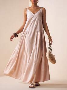 Zivah 2025 春季新品上市 复活节 生日派对 约会 日常出行 必备基础款 休闲度假 邮轮旅行 海滩 街头时尚 极简主义 通勤 V领 细肩带 解构拼接、褶皱细节、隐藏口袋 A字连衣裙 - 藕粉色 - 查看 5