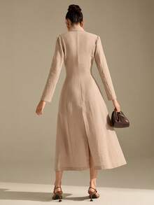 CLARA VERO Women's Lapel Front Button Waist Cinched Long Sleeve Extra Long Blazer Jacket & Shorts 2 Pieces Set - Khaki - View 2