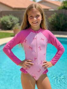 SHEIN Emery Rose Kids 少女夏季海滩度假长袖可爱蝴蝶结条纹印花连体泳衣 - 白色 - 查看 4
