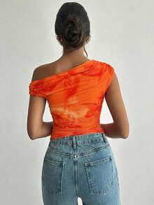 Firerie 女士不对称肩部扎染印花褶皱不对称领口T恤上衣，印花衬衫，不对称肩部上衣，春夏，海滩，通勤，优雅，性感，度假，海滩，波西米亚风，夏威夷，音乐节，浪漫，约会 - 彩色 - 查看 5