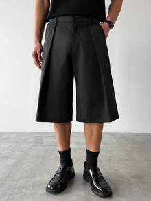 Manfinity Hypemode Men's Black Crisp Loose Straight Leg 7/8 Pants,Summer Basic Casual City Break Pleated Oversized Baggy Wide Leg Shorts For Man,Fashionable Gift For Him - Black - View 5