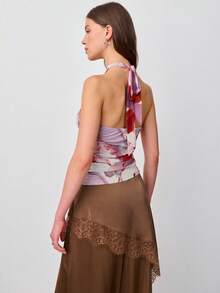 Nöista Top con cuello de halter estampado con detalle de anillo de metal en el escote. Estilo bohemio, festival, primavera, verano. - Morado - Ver 2