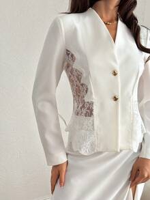 EURMUSE Women, Spring, Summer, V Neck, Blazer, Collar, Regular Fit, White, Skirt - White - View 6