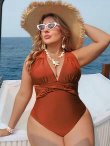 Swim Lushoire Plus Size One-Piece Swimsuit For Women, Triangle Style With Waist Ruching Design, Deep V-Neck Tie Front - Brown - View 6