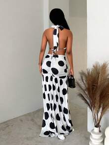 BamGleam Summer New Energetic Vacation Sexy Plunging Neck Backless High Slit Polka Dot Print Asymmetrical Dress For Women - Black and White - View 2