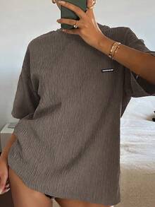DAZY Women's Casual Letter Print Short Sleeve T-Shirt, Summer - Brown - View 4