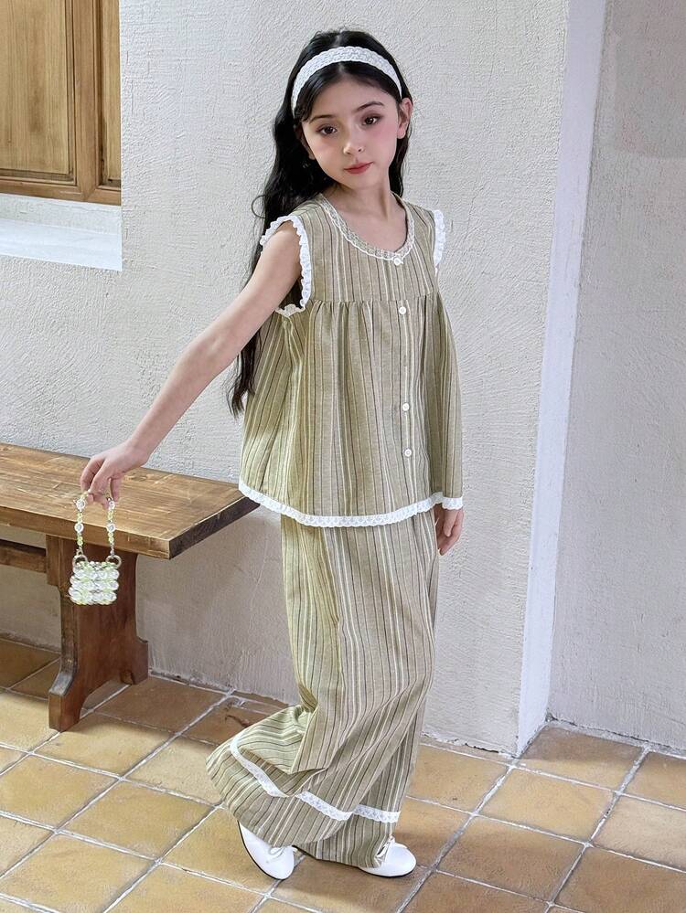 2pcs/Set Tween Girls Summer Outfit, Fashionable Short Sleeve Shirt & Shorts Set