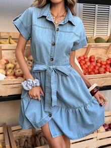 Selianne Women's Casual Denim Dress With Bat Print, Short Sleeve, Single-Breasted, Ruffle Hem - Blue - View 5