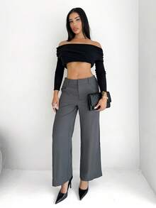 Shopreo Women Black Solid Color Commuter Casual/Fashionable Outing/Versatile Casual/Old Money Style Patch Pocket High Waist Loose Wide-Leg Pants, Suitable For Work/Office, Low-Waisted, Loose, Wide-Leg, Long Pants, For Autumn/Winter - Dark Grey - View 1