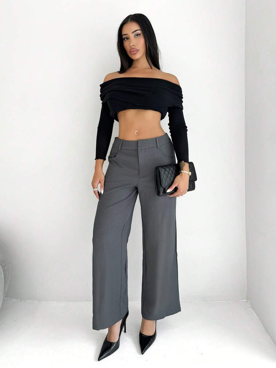 Shopreo Women Black Solid Color Commuter Casual/Fashionable Outing/Versatile Casual/Old Money Style Patch Pocket High Waist Loose Wide-Leg Pants, Suitable For Work/Office, Low-Waisted, Loose, Wide-Leg, Long Pants, For Autumn/Winter - Dark Grey - View 1