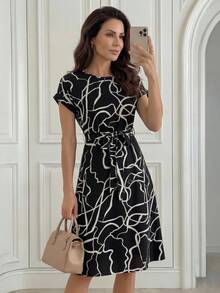 Miaspire Vestido casual con mangas de murciélago, estampado gráfico y cinturón para mujeres en primavera y verano - Blanco y Negro - Ver 3