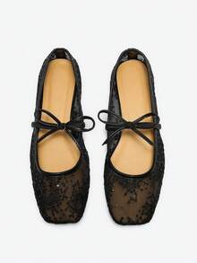 Eladyva Ballerines plates noires pour femmes, avec nœud, décor de fleurs brodées, maille respirante, bout carré, paillettes, convient aux pieds larges/grande taille, été - Noir - Voir 9